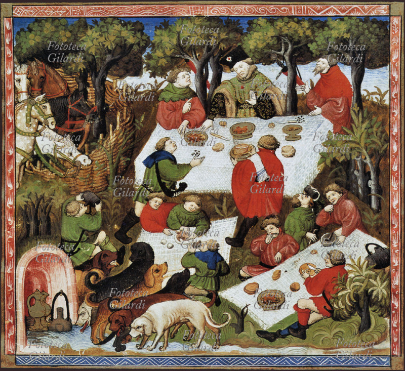 CACCIA La riunione prima della caccia al cervo. Miniatura di Gastone Febo da un manoscritto francese del 1407 circa