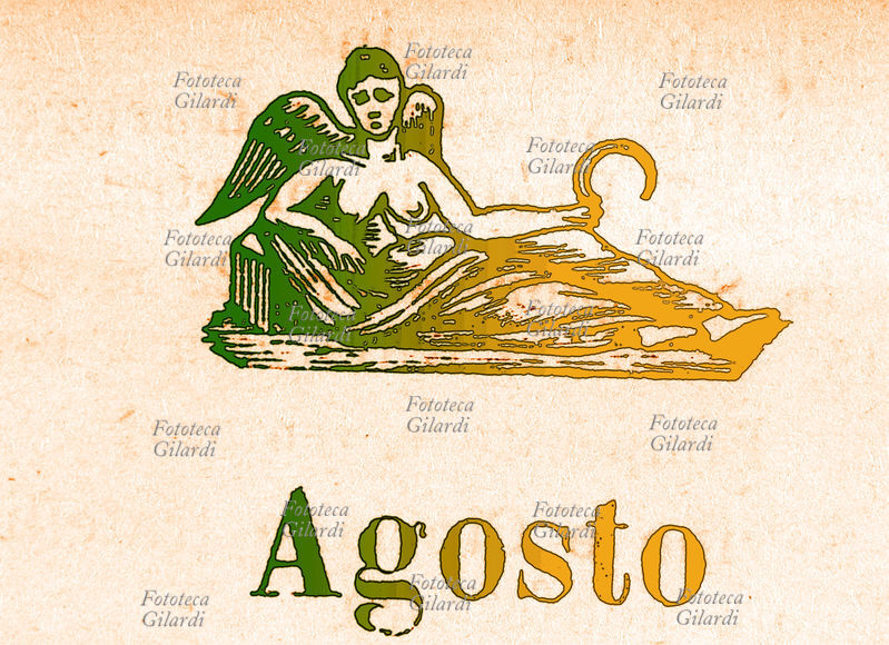 ZODIACO Vergine, Agosto. Elaborazione di xilografia da almanacco del 1913 \