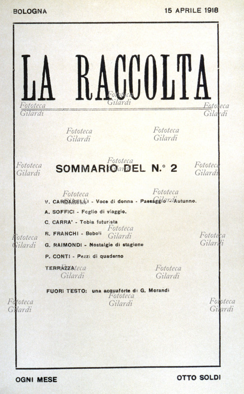 LA RACCOLTA monthly literary magazine from Bologna; summary writings and graphics by: Vincenzo Cardarelli (1887 - 1959), Ardengo Soffici (1879 - 1964), Carlo Carrà (1881 - 1966), Raffaello Franchi (1899 – 1949), Giuseppe Raimondi (1898 - 1985), P. Conti, with an etching outside the text by Giorgio Morandi (1890 - 1964). Cover of no. 2, Italy 15 April 1918.