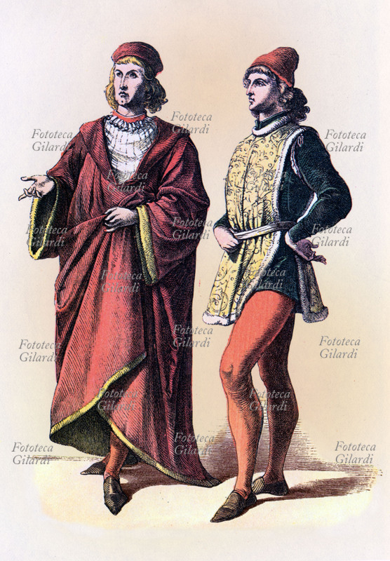 MODA Costumi dei nobiluomini fiorentini nella prima metà del XV secolo. la casacca del personaggio a destra ha le maniche staccabili, modello ideato per un agevole ricambio della parte del vestito più sporchevole e consumabile. Stampa dalla raccolta di tavole illustrate \