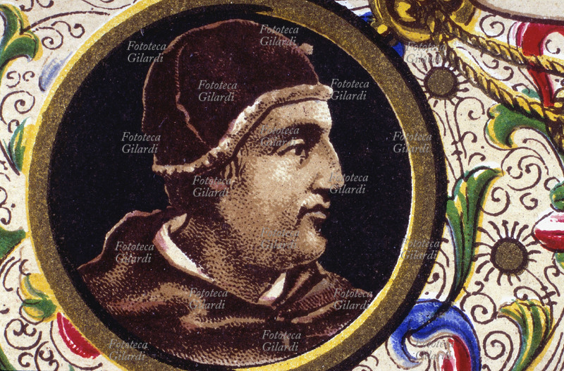 PAPA GREGORIO XII of the Great Western Schism (circa 1335 -1417), born Angelo Correr, born in Venice, elected in 1406; already patriarch of Constantinople, and from 1405 Cardinal-Priest of S. Marco, became involved in the struggles of the Western Schism. Elected Pope in fact on 30 November 1406 (consecrated December 19), when the Avignon Pope Benedict XIII was from 1394, he tried to agree with the opponent to achieve a simultaneous abdication. The goal was reached when the Council of Pisa deposed Benedict XIII and Pope Gregory XII (1409), and elected Pope Alexander V (Pietro Filargo); Gregory XII initially did not accept the new pope, as well as Avignon, but then the aim of reconciliation of the schism, the Council of Constance gave up the tiara (4 July 1415), receiving in return the title of cardinal-bishop of Porto and linked to the mark of Ancona, and the right to have the first place after the pontiff. Portrait, detail from a chromolithographic postcard of the \