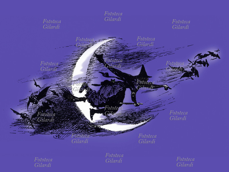 STREGA in volo sulla scopa nel cielo tenebroso spicca la falce della luna e un volo di pipistrelli. Elaborazione digitale di silhouette 1925 circa.