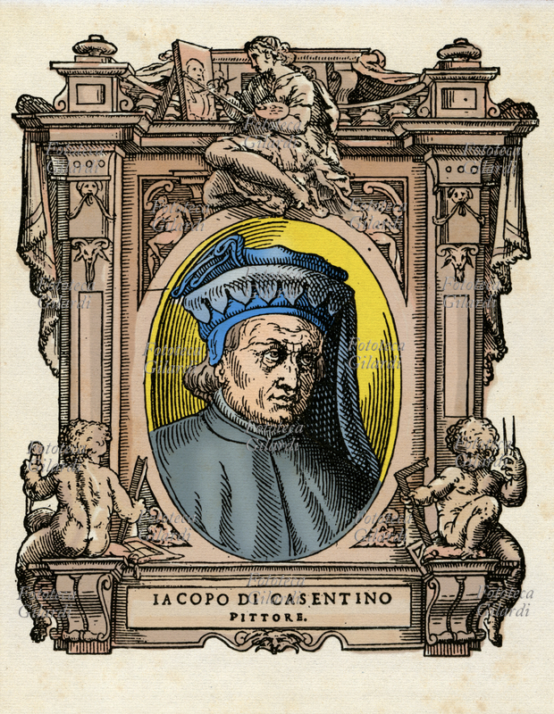JACOPO del CASENTINO (1297 circa - 1349) detto anche Jacopo di Landino e Jacopo da Pratovecchio, pittore e miniatore italiano attivo in Toscana. Consigliere e cofondatore nel 1339 della Compagnia di San Luca, la corporazione alla quale da allora si associarono i pittori. Il ritratto è racchiuso in una cornice decorata con putti che reggono gli strumenti dell\