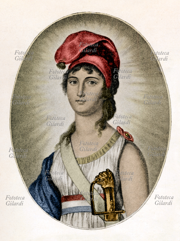 LIBERTÀ patrona dei francesi, ritratta in un disegno di Siccardi inciso da Ruotte, stampa colorata XVIII secolo