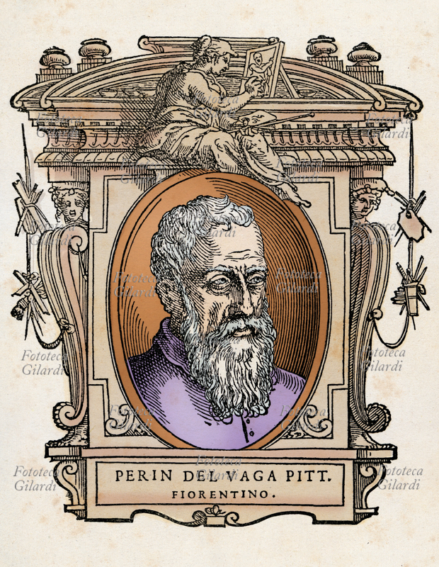 PERIN DEL VAGA (23 giugno 1501 - 19 ottobre 1547), nome con cui è meglio noto Piero di Giovanni Bonaccorsi, pittore italiano attivo a Firenze, dove fu allievo di Ridolfo del Ghirlandaio, a Genova e a Roma, dove fu collaboratore di Raffaello. Il ritratto in ovale è racchiuso in una cornice decorata con figure allegoriche e strumenti delle arti. Illustrazione colorizzata su base xilografica del XVI secolo, dal trattato \