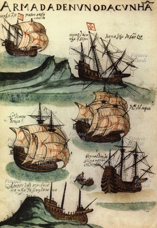 ESPLORAZIONI Caravelle portoghesi, utilizzate per le esplorazioni nel Nuovo Mondo, al cui scopo erano attrezzate. Acquarello del XVI secolo.
