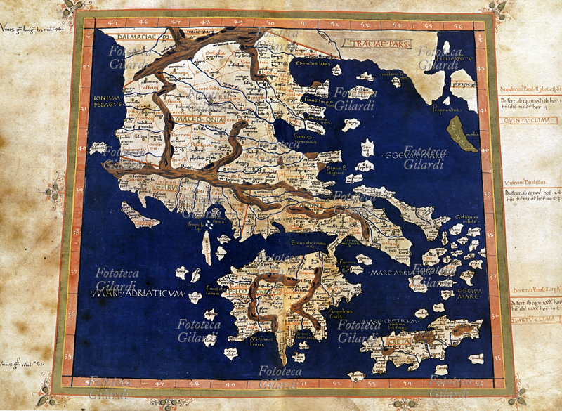 MAPPING "Europe Tabula tenth." Macedonia, the Greek peninsula, Crete and islands of the Adriatic and Aegean in Table I by the "Cosmographia" by Ptolemy (second century). This code is translated by Jacopo Angelo is one of the most cared for, from the point of view of graphics and miniatures of the fifteenth century.