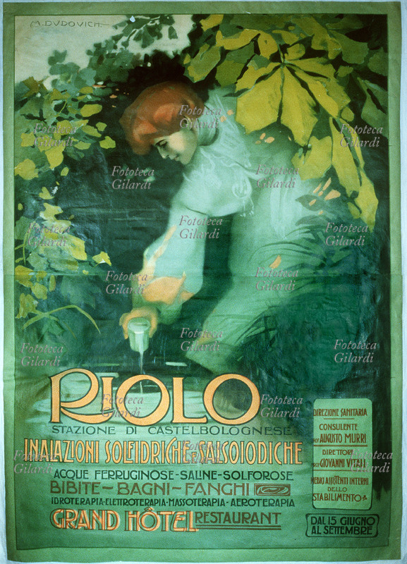 TERME manifesto pubblicitario di Riolo, stazione termale di Castelbolognese. Illustrazione di Marcello Dudovich (1878 - 1962). Inalazioni Solfidriche e Salsoiodiche, Bibite, Bagni e Fanghi. Nell\