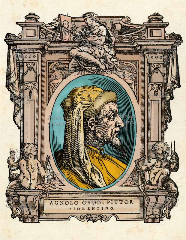 Agnolo GADDI (1350 circa - 15 ottobre 1396) pittore italiano figlio di Taddeo Gaddi, di scuola giottesca. Il ritratto è racchiuso in una cornice decorata con putti che reggono gli strumenti dell\