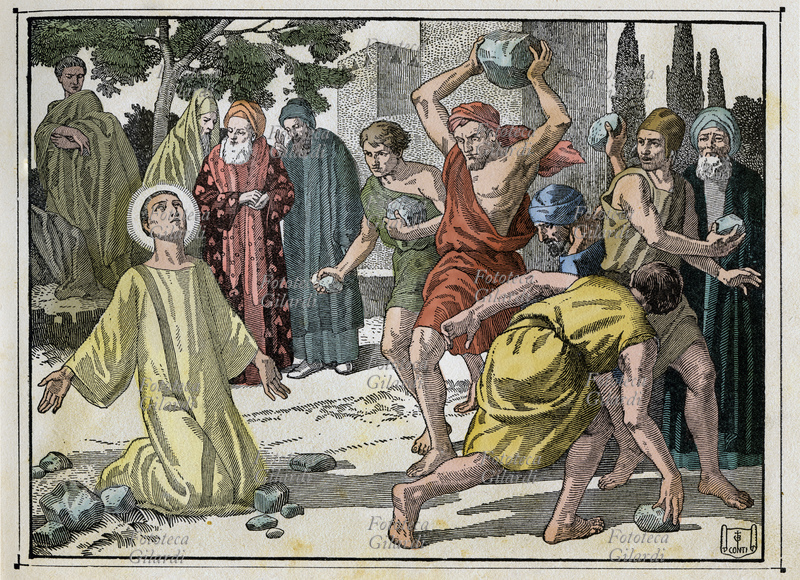 MARTIRI La lapidazione di Santo Stefano "Si mise in ginocchio e gridò forte: Signore perdonate a questi che mi uccidono!". Xilografia di Conti da "Storia della Chiesa", album illustrato della serie "Per la Cultura religiosa dei bambini" diffuso a cura dell\