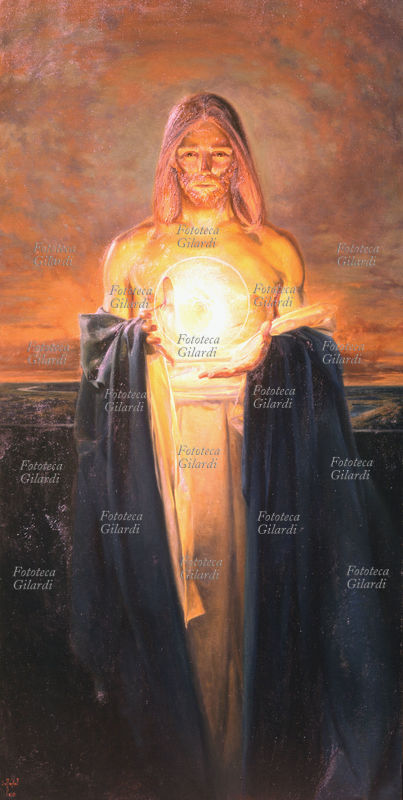 CRISTO in piedi tiene tra le mani una sfera di luce. Dipinto di Scheffel, 1943