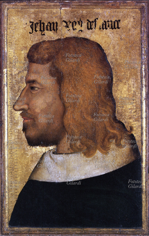 GIOVANNI il Buono (1319-1364) re di Francia dal 1350 al 1364. (Figlio di Filippo VI e Giovanna di Borgogna) Fu fatto prigioniero dagli inglesi a Poitiers nel 1356. Dipinto su tavola attribuito a Gérard d\