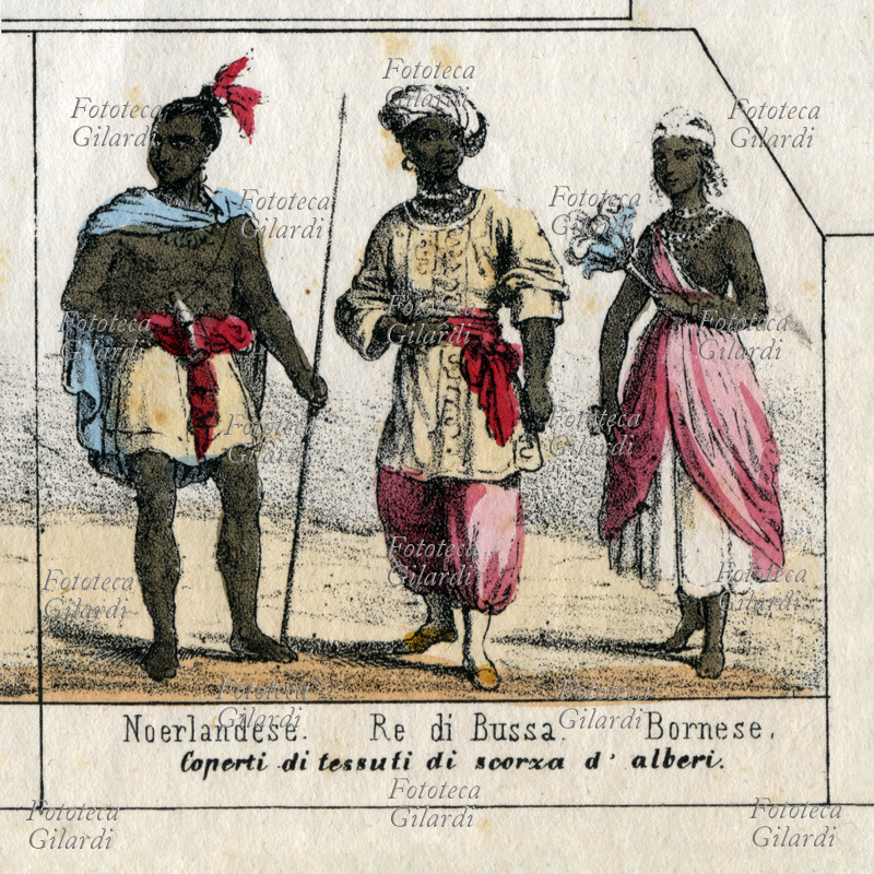 RAZZE UMANE "Noerlandese, Re di Bussa, Bornese, coperti di tessuti di scorza di alberi". Didascalia originale stilata secondo il concetto ottocentesco di "razza", che sebbene permanga nel linguaggio comune si ritiene scientificamente superato nel tardo secolo successivo, e meglio definito con il termine ritenuto anche più politicamente corretto di "etnia" o "fenotipo", a seconda del contesto. Dettaglio dalla tavola V, "Prospetto di tutte le razze del globo e loro fogge di vestire", da "La Geografia a colpo d\
