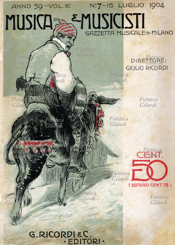 MUSICA Personaggio a cavallo di mulo con in mano una chitarra, forse un cantastorie errante. Copertina per \