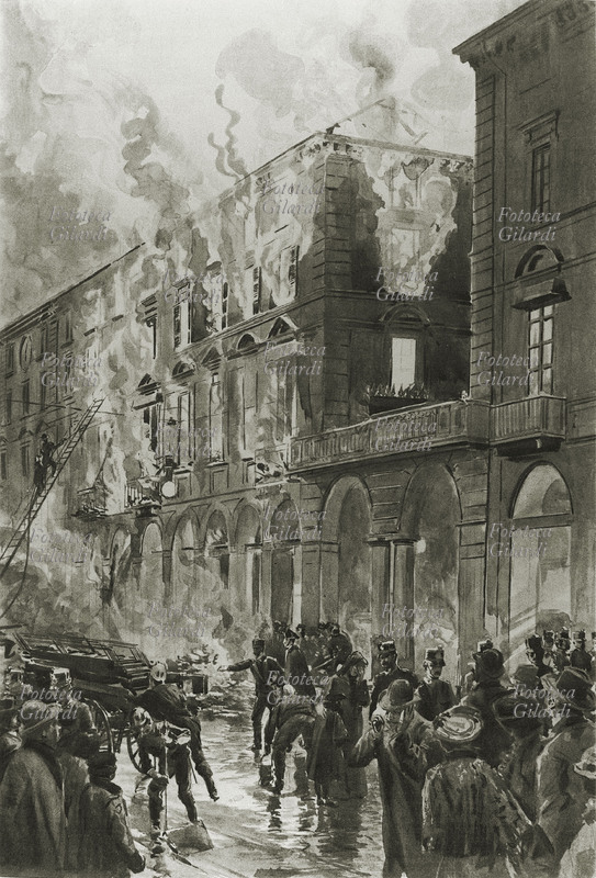 TORINO 27 January 1904 the fire of the National Library in a published design from the true one on the Italian Illustration of those days.