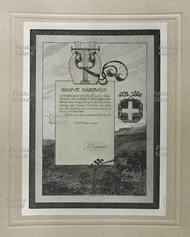 PREMIO NOBEL per la letteratura. Attestato del premio conferito a Giosuè Carducci (1835 – 1907), con le firme della Commissione. Svezia, 1906.