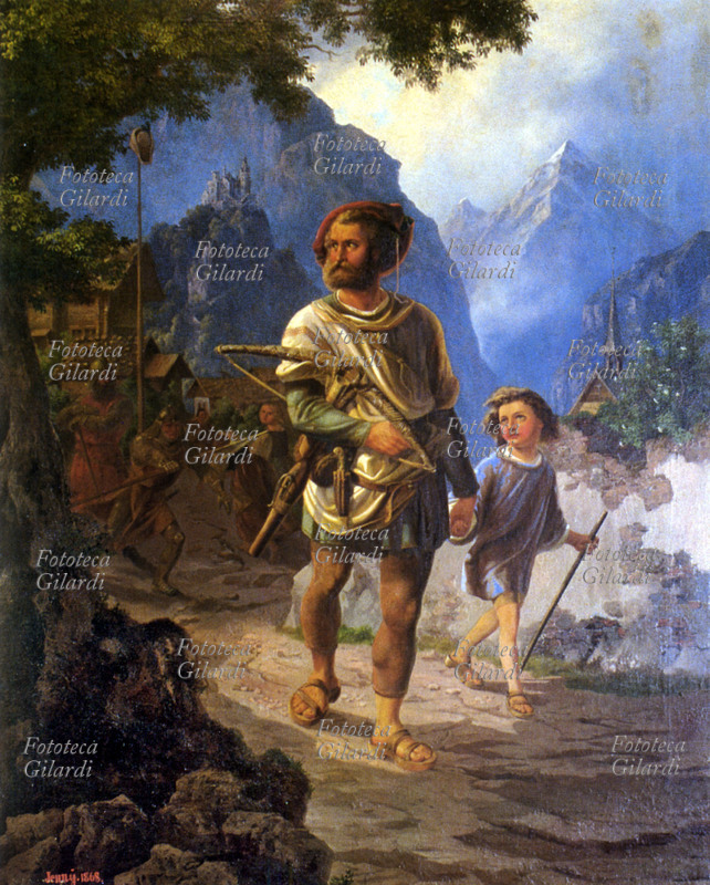 Guglielmo TELL, il leggendario eroe svizzero che sarebbe vissuto tra la fine del XIII e il XIV secolo, e suo figlio Walter passano davanti al cappello imperiale fatto issare su un\