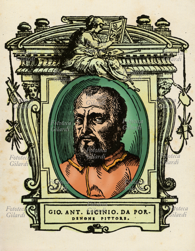 Giovanni Antonio LICINIO (1515 circa - 1576), detto il Sacchiense, pittore italiano appartenente ad una famiglia di pittori manieristi di scuola veneziana: il fratello Giulio, il padre Arrigo e lo zio paterno Bernardino. Il ritratto in ovale è racchiuso in una cornice decorata con figure allegoriche e strumenti delle arti. Illustrazione colorizzata su base xilografica del XVI secolo, dal trattato \