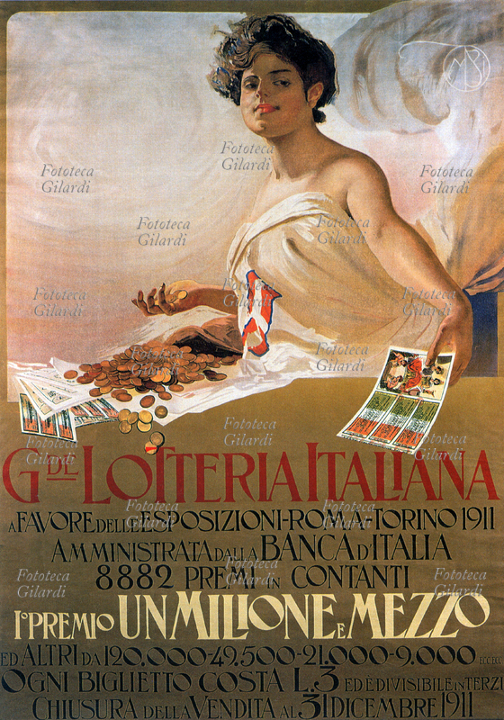 LOTTERIA Manifesto per la Lotteria Italiana. Illustrazione di M. Borgoni. Il primo premio della lotteria ammonta a un milione e mezzo di lire. Italia 1911