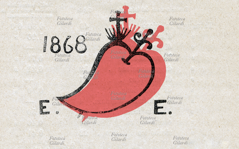 ANTROPOLOGIA CRIMINALE Cuore trafitto da una spada con croce, data 1868 ed iniziali E E, disegno eseguito per rilievo e studio dei tatuaggi su persone pregiudicate. Illustrazione da \