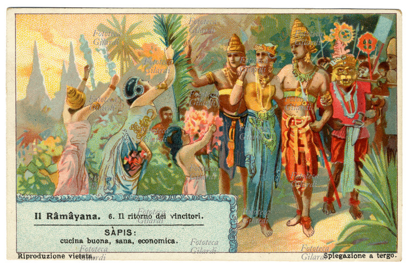 RÂMÂYANA Il ritorno dei vincitori (6). Poema epico della mitologia induista. Narra le avventure di Rama, avatar di Vishnu, ed è una delle Itihasa, le scritture epiche indiane. La principessa Sitâ che aveva assistito con angoscia al combattimento per la sua liberazione, riabbracciò finalmente il consorte Râma; egli vincendo il suo rapitore l\