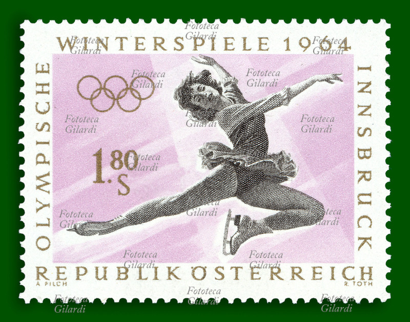 OLIMPIADI INVERNALI Pattinaggio artistico femminile. Francobollo della serie "Giochi Olimpici Invernali - Innsbruck 1964" emessa dalle poste austriache. Disegno di Adalbert Pilch (16 febbraio 1917 – 10 dicembre 2004) e incisione di Rudolf Toth, valore nominale 1,80 scellini, fotoincisione e calcografia. Repubblica d\