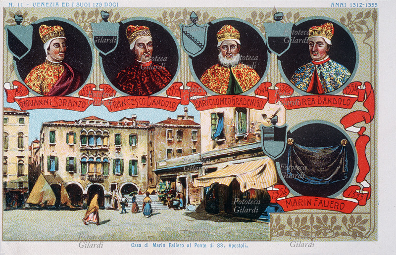 VENEZIA ed i suoi 120 Dogi - Anni 1312-1355. Giovanni Soranzo (1240 – 1328), 51° Doge della Repubblica di Venezia dal 13/7/1312 al 31/12/1328. Francesco Dandolo (1258 ca. – 1339), 52° Doge dal 4/1/1329 al 31/10/1339. Bartolomeo Gradenigo (1260 – 1342), 53° Doge dal 7/11/1339 al 28/12/1342. Andrea Dandolo (1306 – 1354), 54° Doge dal 4/1/1343 al 7/9/1354. Marin Faliero (1274 – 1355), 55° Doge dal 16/9/1354 al 17/4/1355, quando fu giustiziato per tradimento; il suo ritratto è sostituito da un drappo nero, come nella serie di ritratti dogali nella sala del Maggior Consiglio, per aver congiurato contro il governo aristocratico. Sullo sfondo: la casa di Marin Faliero al Ponte di SS. Apostoli. Cartolina postale n. 11 di una serie cromolitografica, Venezia 1904 circa.