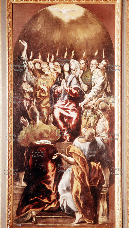 EL GRECO (Domenico Theotokòpulos, 1541-1614) pittore, scultore e architetto greco vissuto in Italia ed in Spagna, tra le figure più importanti del Rinascimento spagnolo. La Pentecoste. Olio su tela, Spagna 1600 circa.