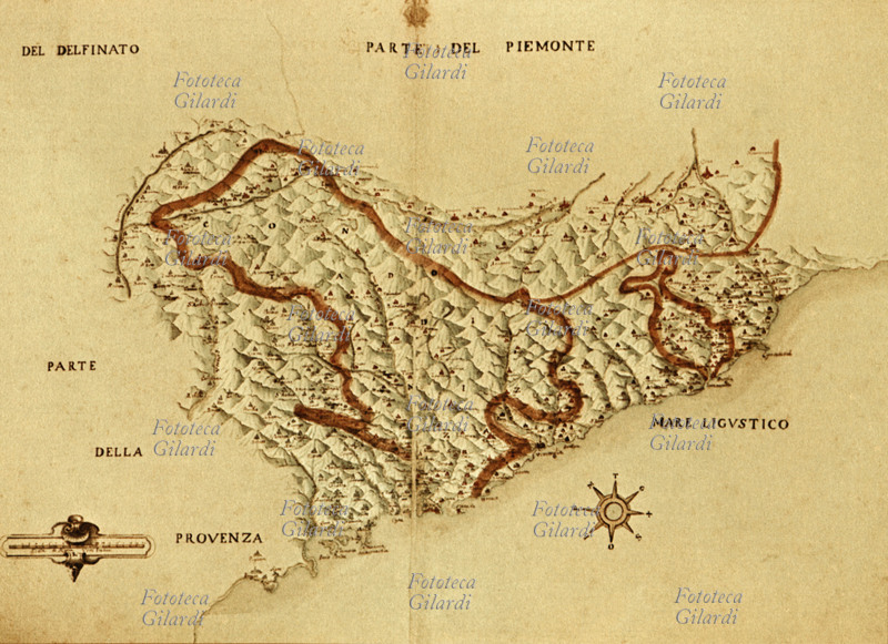 SAVOIA carta del Piemonte, Contea di Nizza, Principato di Oneglia con indicate le fortificazioni dei Savoia per difendere il territorio dagli stati vicini. 1620 circa.