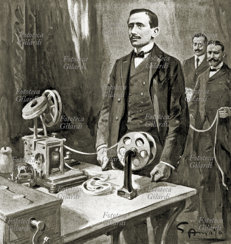 Guglielmo MARCONI (25 aprile 1874 – 20 luglio 1937), inventore, imprenditore e politico italiano, riceve un radiotelegramma dalla Cornovaglia. Disegno di Gennaro Amato (1° aprile 1857 – 18 novembre 1947) per \