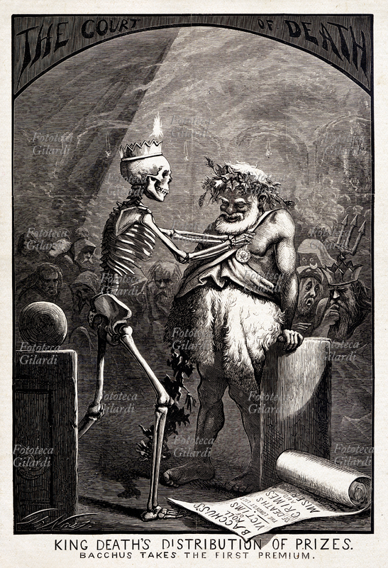 ALCOLISMO Il re della morte distribuisce i premi: a Bacco assegna il primo premio. Stampa satirica di Thomas Nast contro la piaga dell\