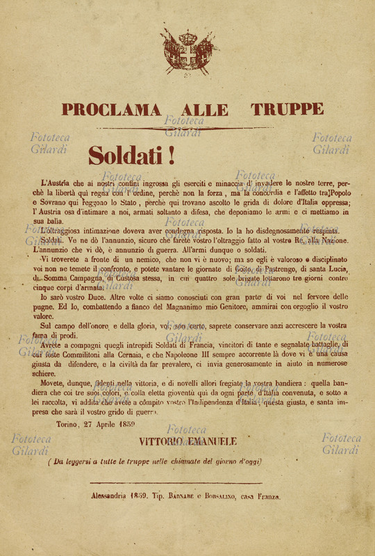 RISORGIMENTO Proclama di Vittorio Emanuele II alle truppe del 27 aprile 1859 che esorta a combattere il nemico austriaco. Discorso conosciuto come \