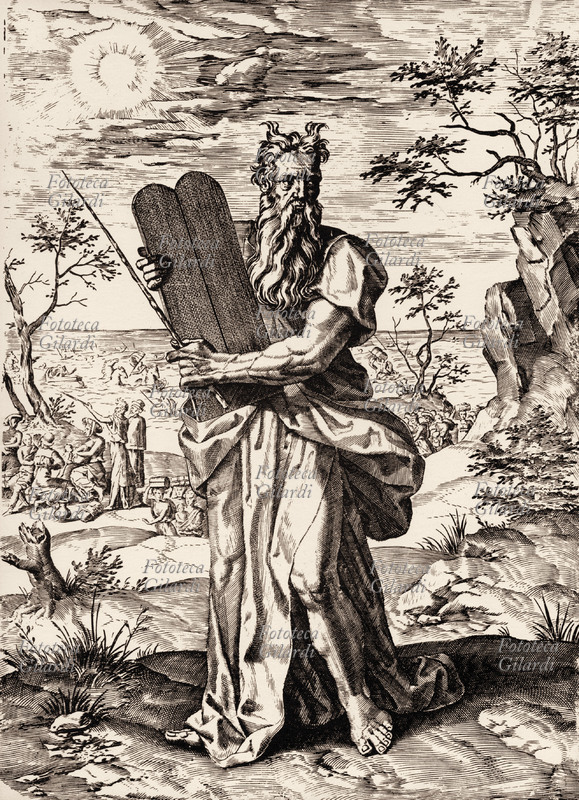 BIBBIA Mosè scende dal Sinai. Incisione anonima probabilmente su disegno di Martin de Vos, fine del XVI secolo