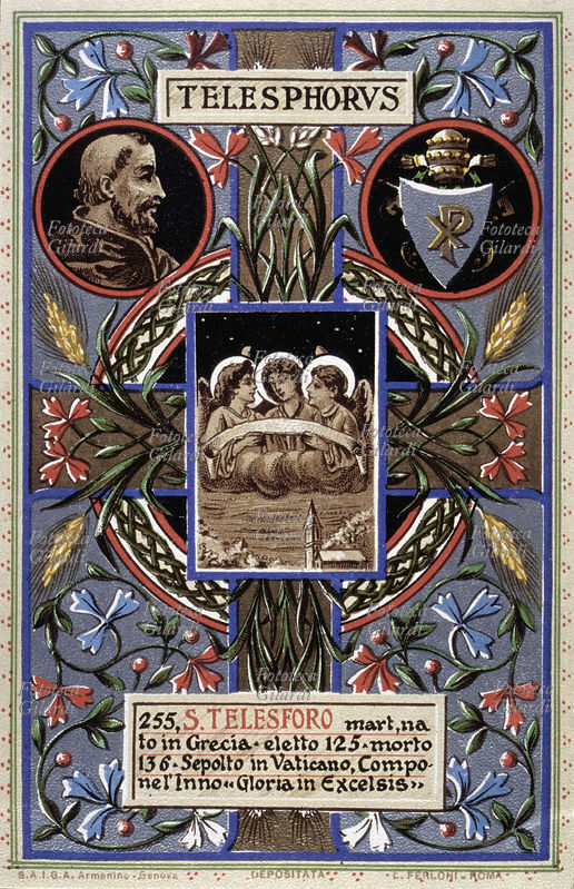 PAPA SAN TELESFORO (? – 2 gennaio 137/138) martire, nato in Magna Grecia, eletto nel 125, sepolto in Vaticano. Istituì la "messa di mezzanotte", la "liturgia dell\