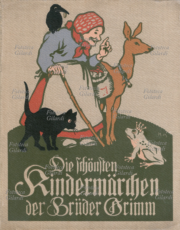 Fratelli GRIMM Una vecchina ingobbita con un cesto di funghi e un bastone, circondata da animali. Copertina di una edizione illustrata delle Favole dei fratelli Jacob (4 gennaio 1785 – 20 settembre 1863) e Wilhelm (24 febbraio 1786 – 16 dicembre 1859) Grimm. Serigrafia a colori su tessuto. Ed. Thienemanns, Stoccarda, 1924 circa.