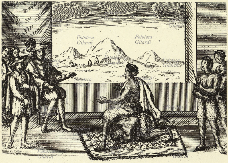 COLONIALISMO Visita della regina Nziga del Matamba ai colonizzatori portoghesi a Luanda (Angola), 1622. La regina accorsa in visita in rappresentanza del fratello re Ndongo per negoziare la pace si vide rifiutare dai colonizzatori una sedia, in segno di disprezzo. Lei si servì allora sdegnosamente di un suo attendente e si sedette comodamente per trattare con i portoghesi.