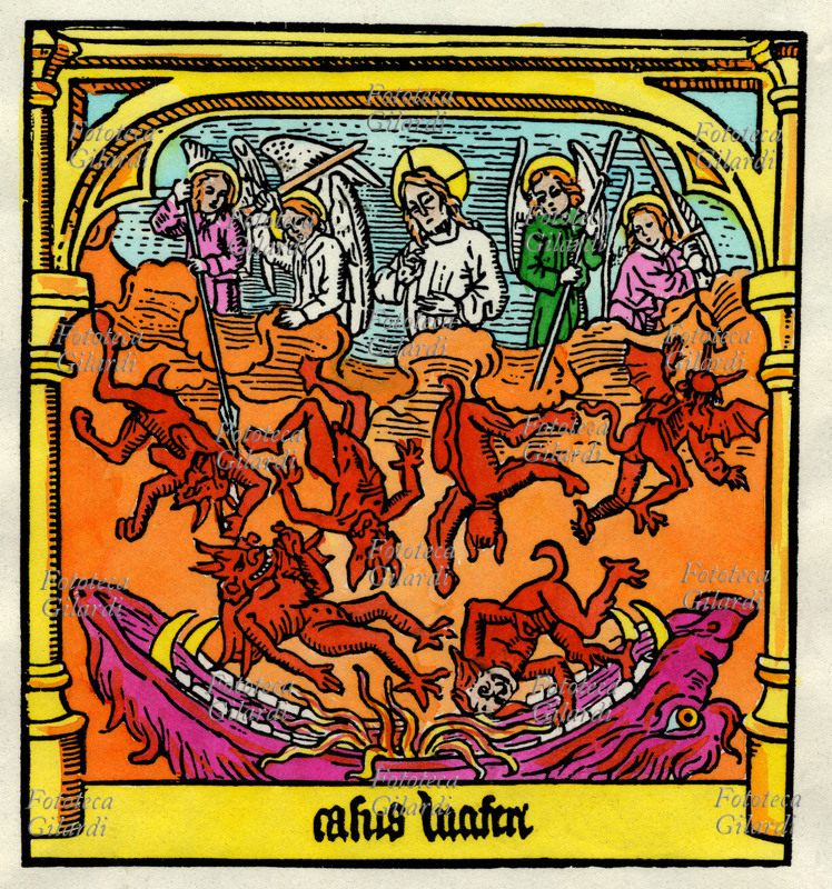 DIAVOLI La caduta di Lucifero e degli Angeli Ribelli. Incisione tratta da una edizione della \