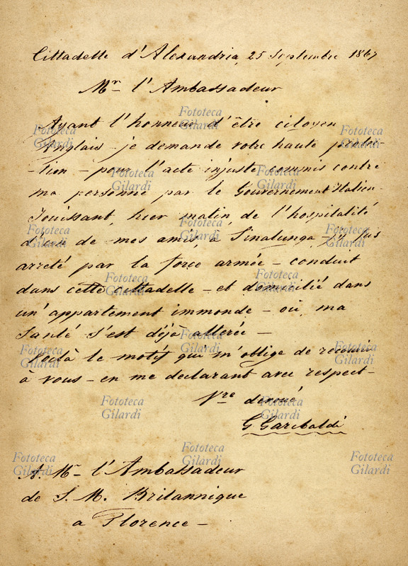 Giuseppe GARIBALDI (1807-1882) Lettera con la quale egli, proclamandosi cittadino inglese, si rivolge all\