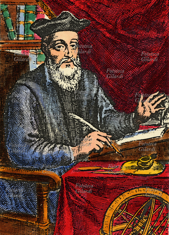 Michele NOSTRADAMUS (Michel de Notredame 1503-1566) incisione a colori del 1550 ritraente il celebre medico e astrologo francese alla scrivania.