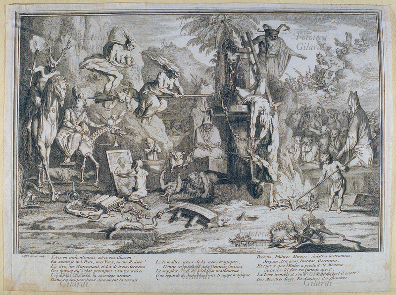 STREGHE Sabba con sacrificio umano. Le due vittime sono incatenate ad una ruota dentata a testa in giù; attorno assistono demoni, streghe volanti sulla scopa e altri mostri evocati dal rito. Incisione di Gillot, Francia, XVI secolo