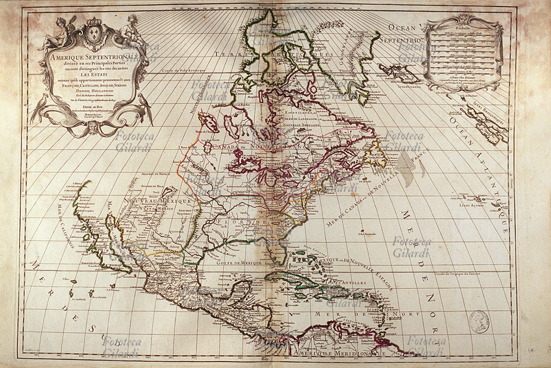CARTOGRAFIA America settentrionale. Divisa in regioni e stati appartenenti ai governi di Francia, Castiglia, Inghilterra, Svezia, Danimarca, Olanda. Carta realizzata a cura di S. Sanson, geografo del re di Francia. Parigi, 1719