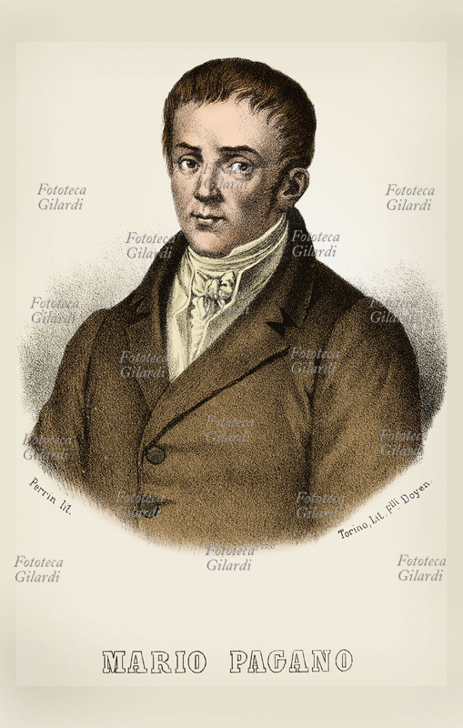 Mario PAGANO (1749-1799) patriota, filosofo, giurista. Preparò il progetto di costituzione della Repubblica partenopea, per questo morì impiccato. Stampa colorata XIX secolo