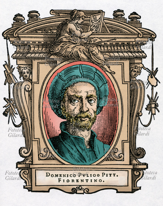 Domenico PULIGO (primavera 1492 - settembre 1527), soprannome con cui è noto Domenico di Bartolommeo Ubaldini, pittore e ritrattista fiorentino. Il ritratto è racchiuso in una cornice decorata con figure allegoriche e strumenti delle arti. Illustrazione colorizzata su base xilografica del XVI secolo, dal trattato \