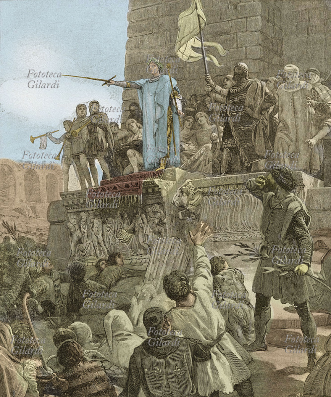 COLA DI RIENZO (1314-1354) Il 20 maggio 1347, con il favore popolare, proclama la Repubblica romana dal Campidoglio assumendo la carica di tribuno del popolo. Stampa del XIX secolo.