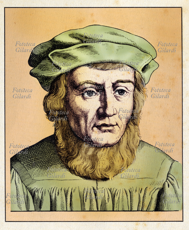 GIOVANNI AVENTINO (1477 - 1534), italianizzazione dal latino Johannes Aventinus, cioè Johan da Abensberg, nome con cui era noto Johann Georg Turmair (o Thurmayr) storico e filologo tedesco. Tutore dei fratelli minori di Guglielmo IV di Baviera dal 1509 al 1517, venne poi nominato storico ufficiale di Baviera, e in tale veste compose il chronicon "Annales Bojorum" (Annali dei Bavaresi) per il quale fu anche soprannominato "Erodoto Bavarese". Ritratto, versione colorata di una incisione di Hugo Bürkner (1818-1897), Germania 1854