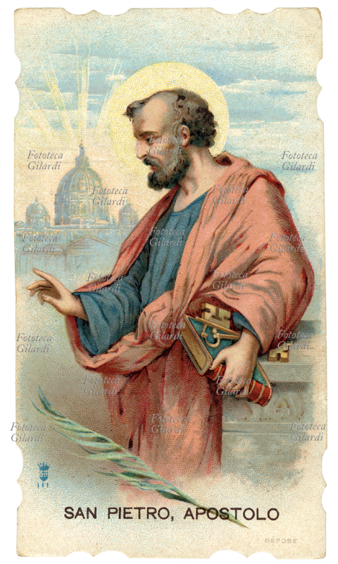 San Pietro Apostolo, born in Galilee, who was martyred in Rome in 67 AD, the saint is depicted in an attitude of benediction with the book and the keys of the kingdom of heaven in his hand. In the background depicts the basilica that bears his name at the Vatican. Patron of popes and fishermen, commemorating June 29. Chromolithographic little image of the Holy Eucharistic League, 1900 ca.