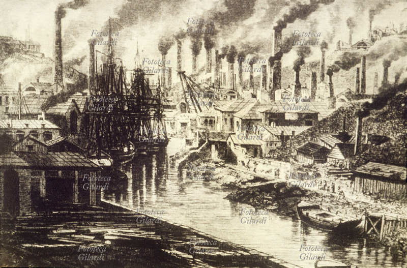 History Industry, 1865 ca. The periphery of Manchester Recording of Durand Bragh from which it can be seen as already at the beginning of the Industrial Revolution the atmospheric pollution was a problem.