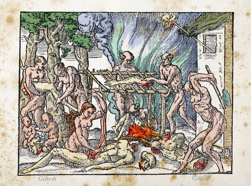 CANNIBALISMO Cannibali attorno al fuoco. Illlustrazione dall\