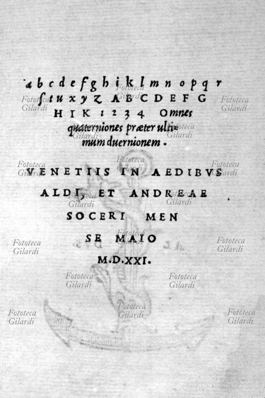 STAMPA Campionario di caratteri usati nella bottega di stampa di Aldo Manuzio (1449/1452 – 6 febbraio 1515), editore innovativo, grammatico e umanista italiano, che alla sua morte proseguì l\