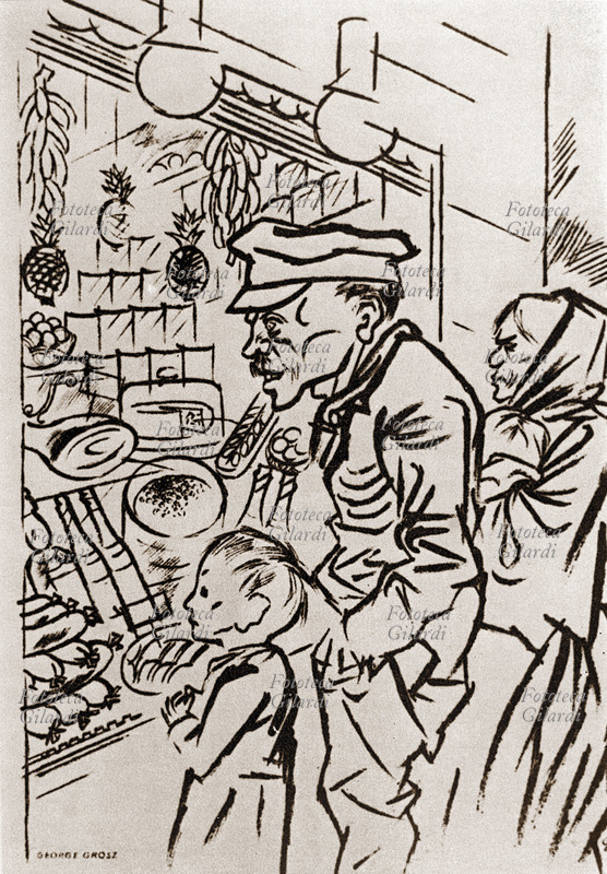 George GROSZ (Georg Ehrenfried Groß, 26 luglio 1893 – 6 luglio 1959), pittore, disegnatore e caricaturista tedesco. Crisi economica: due adulti e un bambino fissano una vetrina piena di generi alimentari che non si possono permettere di acquistare. Disegno, Germania, 1922 - 1924. © George Grosz / opera sotto tutela SIAE per assolvere il copyright in Italia rivolgersi a: SIAE licenze arti visive